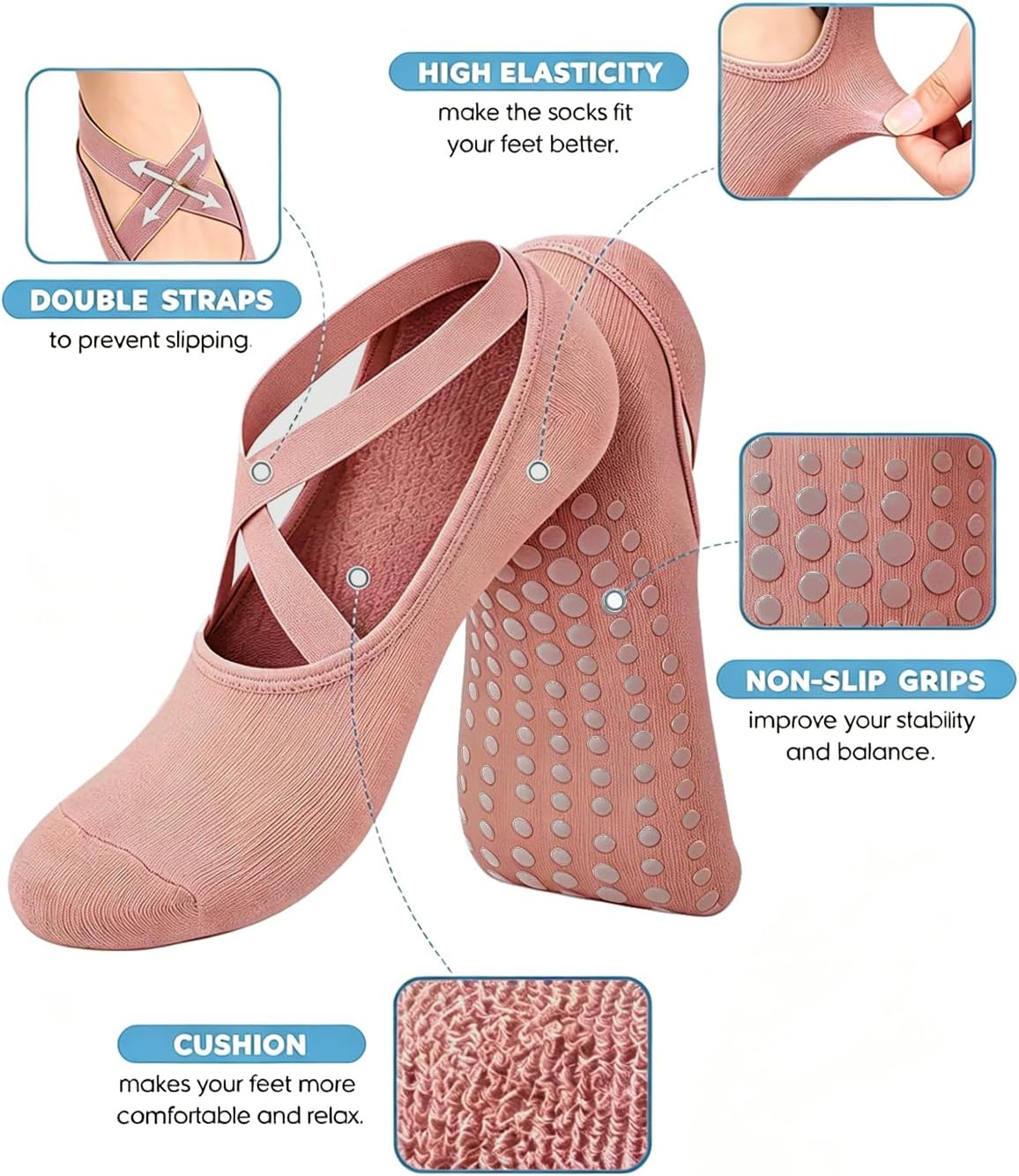 Pilates Grip Socks for Women Non Slip Skid Yoga Socks with Grips Straps for Ballet Dance Workout Gripper Sock