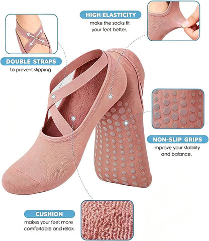 Pilates Grip Socks for Women Non Slip Skid Yoga Socks with Grips Straps for Ballet Dance Workout Gripper Sock