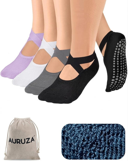 Pilates Grip Socks for Women Non Slip Skid Yoga Socks with Grips Straps for Ballet Dance Workout Gripper Sock
