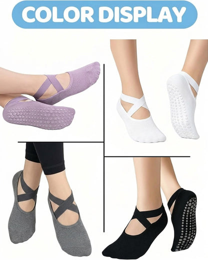 Pilates Grip Socks for Women Non Slip Skid Yoga Socks with Grips Straps for Ballet Dance Workout Gripper Sock