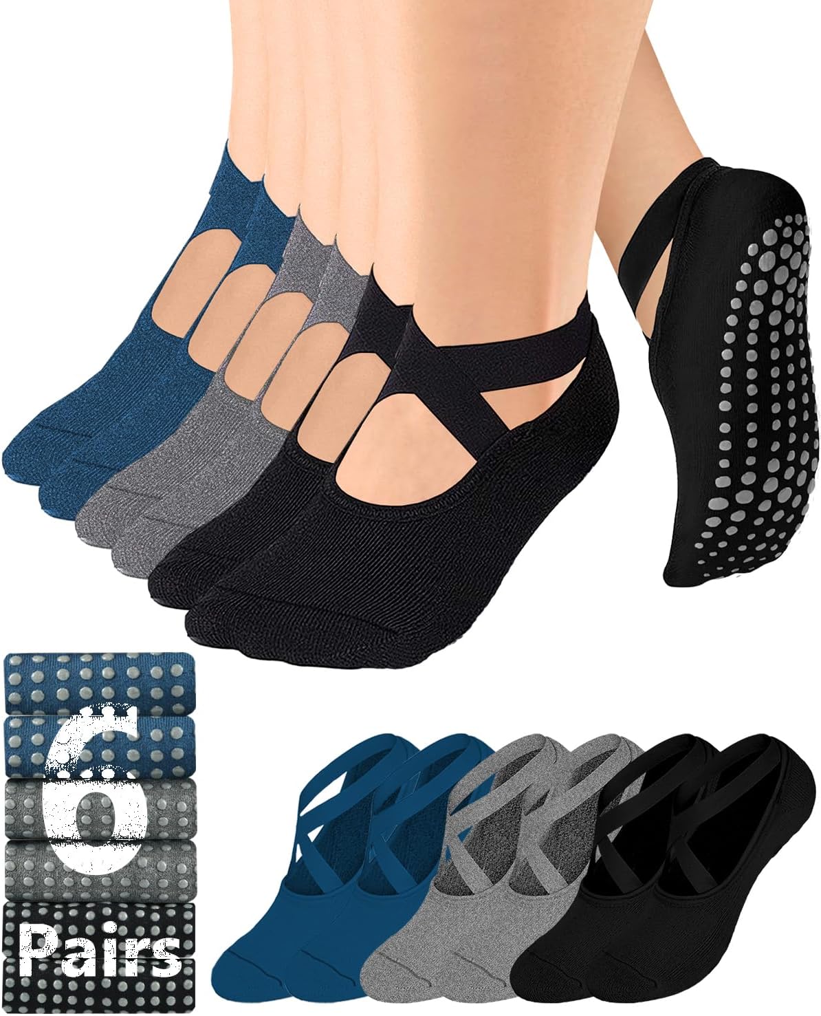 Pilates Grip Socks for Women Non Slip Skid Yoga Socks with Grips Straps for Ballet Dance Workout Gripper Sock