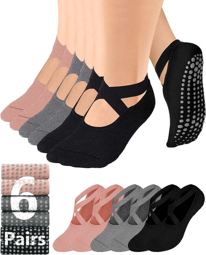 Pilates Grip Socks for Women Non Slip Skid Yoga Socks with Grips Straps for Ballet Dance Workout Gripper Sock