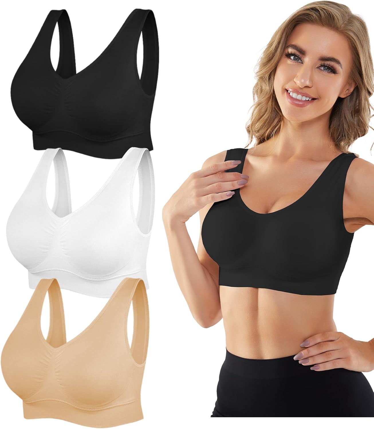 Womens Sports Bras, 3/4/6 Pack Wireless Comfortable Seamless Sleep Yoga Sports Bras for Women with Removable Pads