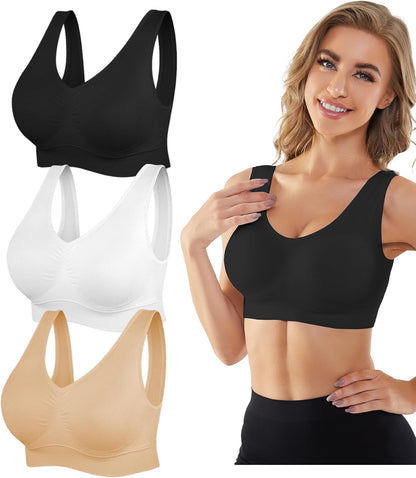 Womens Sports Bras, 3/4/6 Pack Wireless Comfortable Seamless Sleep Yoga Sports Bras for Women with Removable Pads