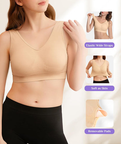 Womens Sports Bras, 3/4/6 Pack Wireless Comfortable Seamless Sleep Yoga Sports Bras for Women with Removable Pads