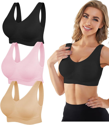 Womens Sports Bras, 3/4/6 Pack Wireless Comfortable Seamless Sleep Yoga Sports Bras for Women with Removable Pads