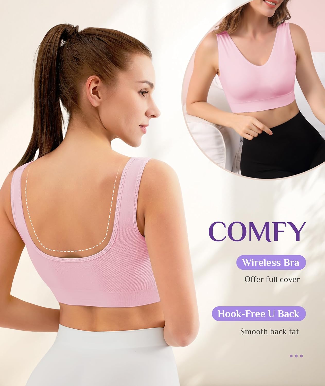 Womens Sports Bras, 3/4/6 Pack Wireless Comfortable Seamless Sleep Yoga Sports Bras for Women with Removable Pads