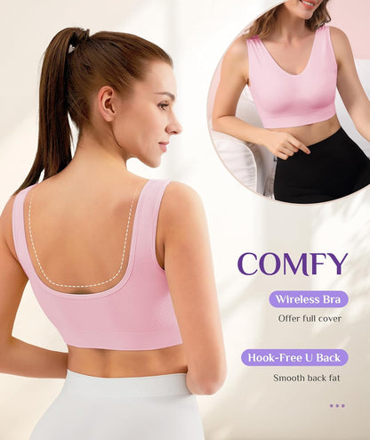 Womens Sports Bras, 3/4/6 Pack Wireless Comfortable Seamless Sleep Yoga Sports Bras for Women with Removable Pads