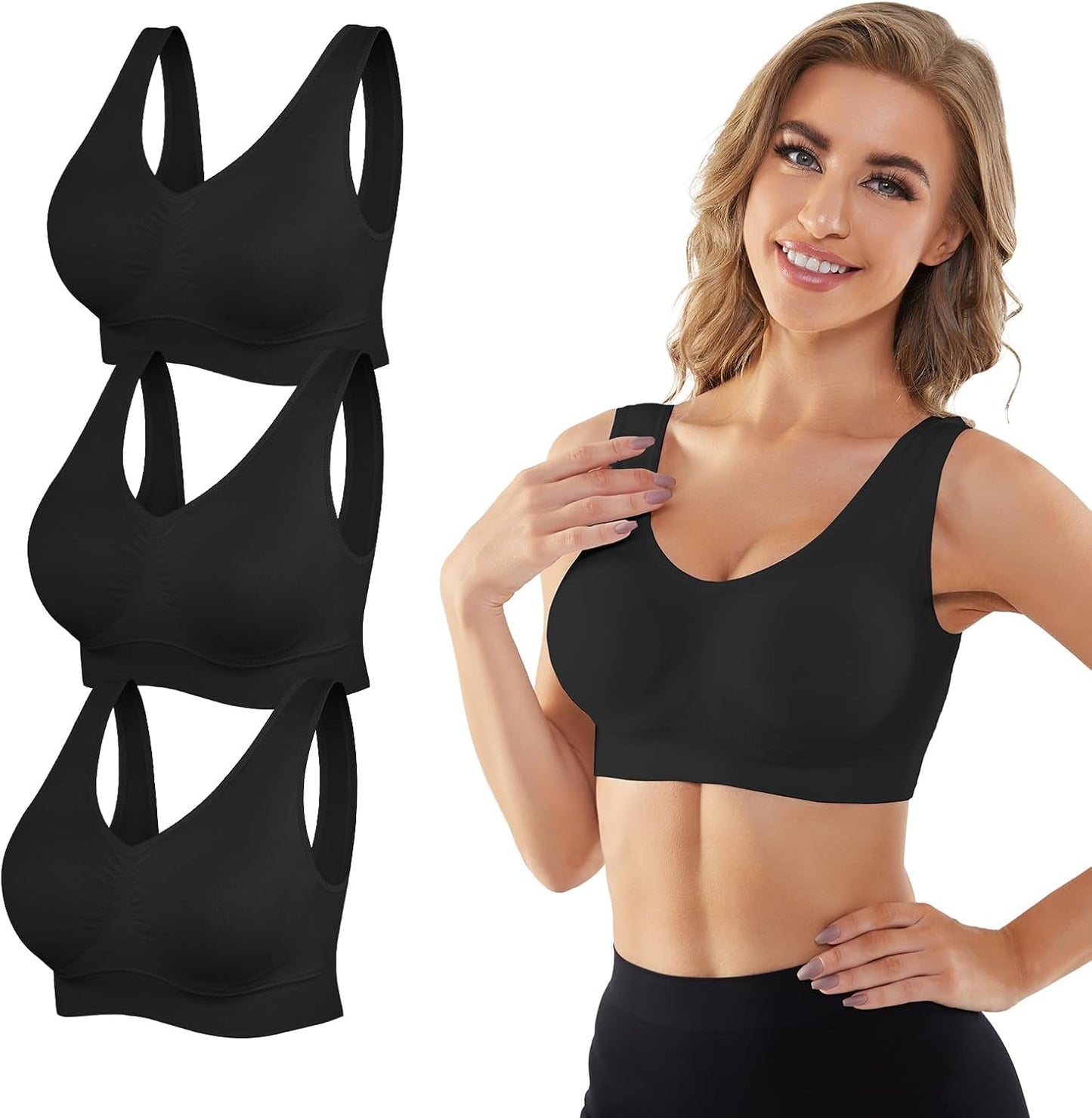 Womens Sports Bras, 3/4/6 Pack Wireless Comfortable Seamless Sleep Yoga Sports Bras for Women with Removable Pads