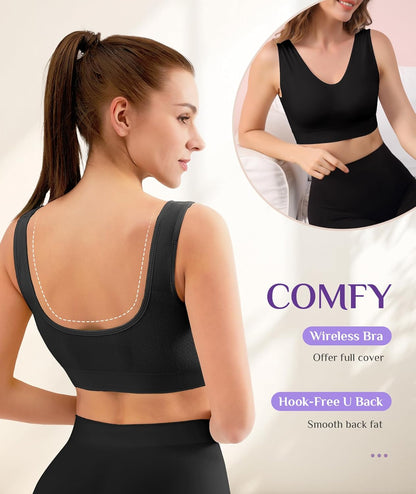 Womens Sports Bras, 3/4/6 Pack Wireless Comfortable Seamless Sleep Yoga Sports Bras for Women with Removable Pads