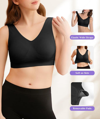 Womens Sports Bras, 3/4/6 Pack Wireless Comfortable Seamless Sleep Yoga Sports Bras for Women with Removable Pads