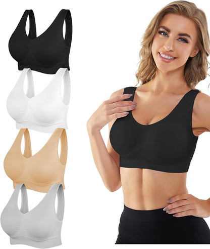 Womens Sports Bras, 3/4/6 Pack Wireless Comfortable Seamless Sleep Yoga Sports Bras for Women with Removable Pads