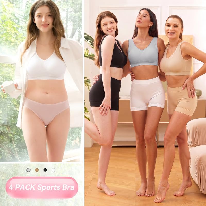 Womens Sports Bras, 3/4/6 Pack Wireless Comfortable Seamless Sleep Yoga Sports Bras for Women with Removable Pads