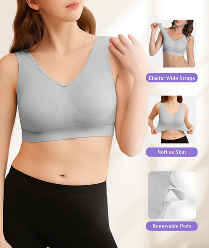 Womens Sports Bras, 3/4/6 Pack Wireless Comfortable Seamless Sleep Yoga Sports Bras for Women with Removable Pads