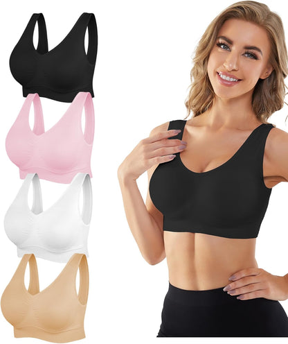 Womens Sports Bras, 3/4/6 Pack Wireless Comfortable Seamless Sleep Yoga Sports Bras for Women with Removable Pads
