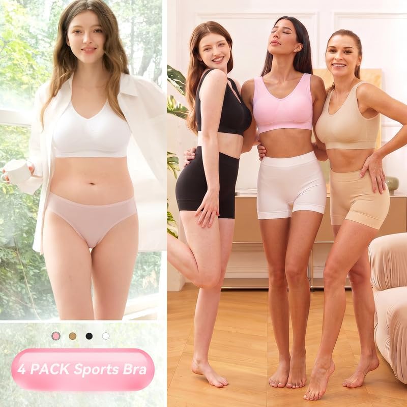Womens Sports Bras, 3/4/6 Pack Wireless Comfortable Seamless Sleep Yoga Sports Bras for Women with Removable Pads