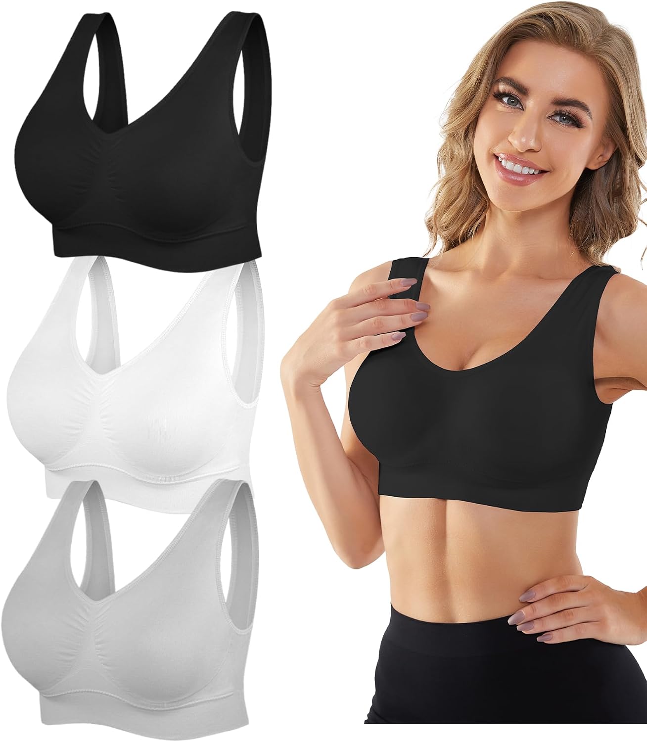 Womens Sports Bras, 3/4/6 Pack Wireless Comfortable Seamless Sleep Yoga Sports Bras for Women with Removable Pads