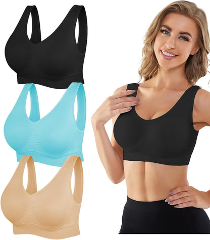 Womens Sports Bras, 3/4/6 Pack Wireless Comfortable Seamless Sleep Yoga Sports Bras for Women with Removable Pads