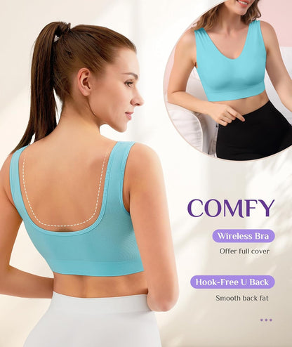 Womens Sports Bras, 3/4/6 Pack Wireless Comfortable Seamless Sleep Yoga Sports Bras for Women with Removable Pads