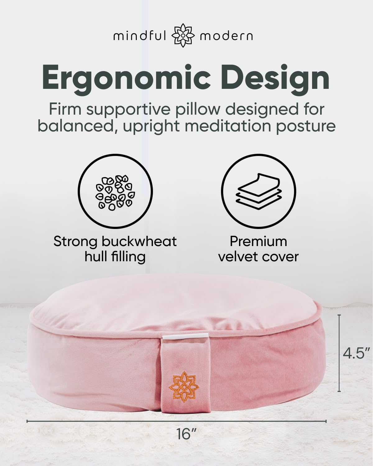 Velvet Meditation Cushion | Luxe Zafu Yoga Floor Pillow Seat | Posture Support | Buckwheat Hull Filled | Large Round Cushion with Removable Washable Cover + Carry Handle