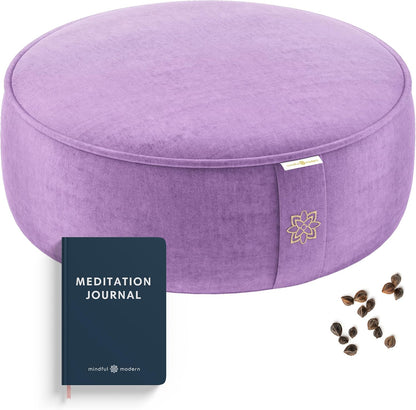 Velvet Meditation Cushion | Luxe Zafu Yoga Floor Pillow Seat | Posture Support | Buckwheat Hull Filled | Large Round Cushion with Removable Washable Cover + Carry Handle