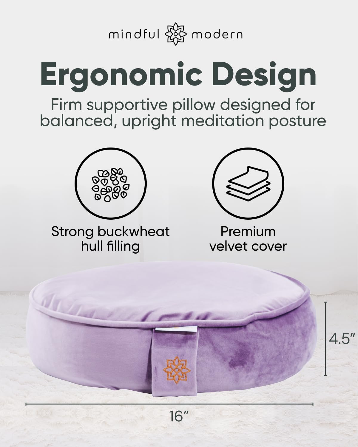 Velvet Meditation Cushion | Luxe Zafu Yoga Floor Pillow Seat | Posture Support | Buckwheat Hull Filled | Large Round Cushion with Removable Washable Cover + Carry Handle