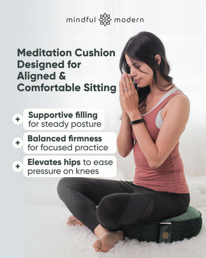 Velvet Meditation Cushion | Luxe Zafu Yoga Floor Pillow Seat | Posture Support | Buckwheat Hull Filled | Large Round Cushion with Removable Washable Cover + Carry Handle