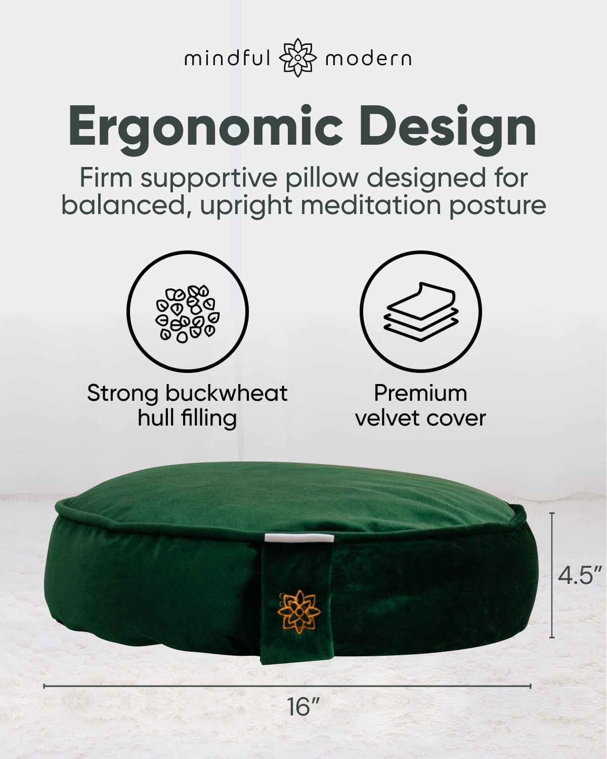 Velvet Meditation Cushion | Luxe Zafu Yoga Floor Pillow Seat | Posture Support | Buckwheat Hull Filled | Large Round Cushion with Removable Washable Cover + Carry Handle