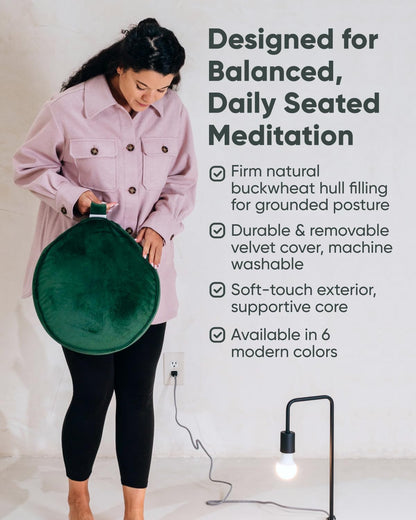 Velvet Meditation Cushion | Luxe Zafu Yoga Floor Pillow Seat | Posture Support | Buckwheat Hull Filled | Large Round Cushion with Removable Washable Cover + Carry Handle