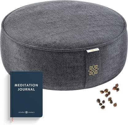 Velvet Meditation Cushion | Luxe Zafu Yoga Floor Pillow Seat | Posture Support | Buckwheat Hull Filled | Large Round Cushion with Removable Washable Cover + Carry Handle