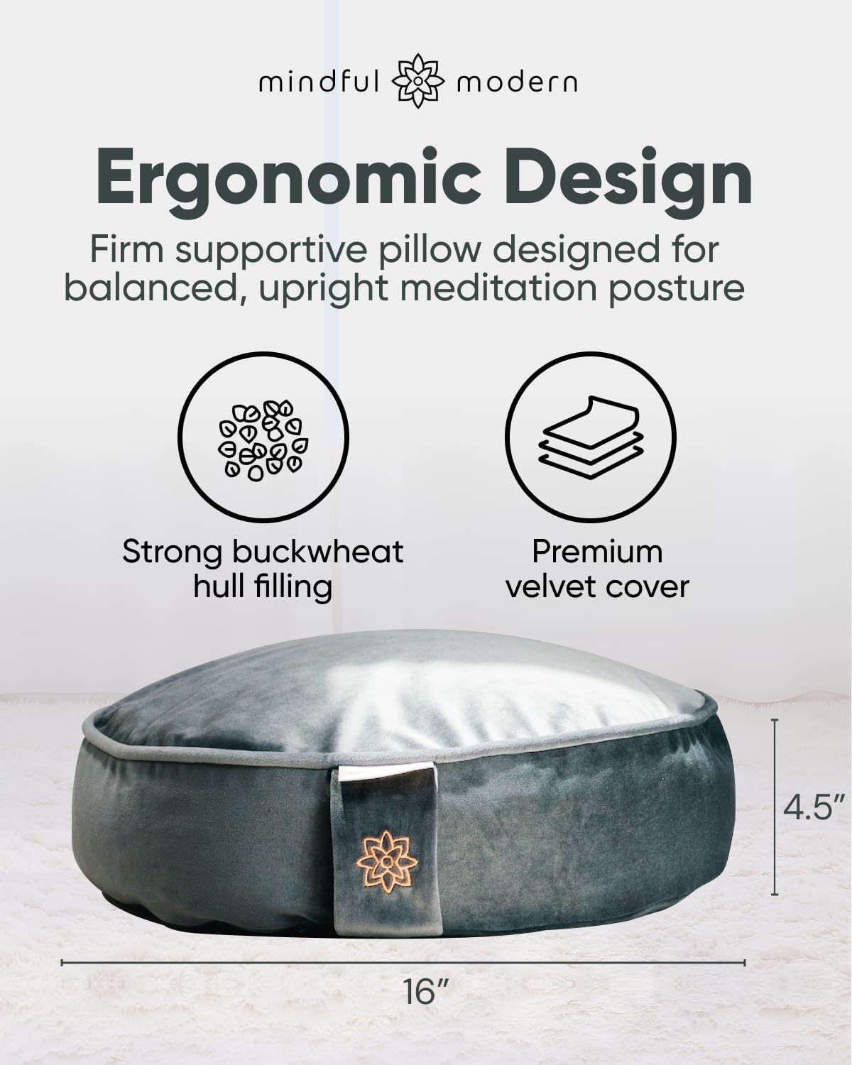 Velvet Meditation Cushion | Luxe Zafu Yoga Floor Pillow Seat | Posture Support | Buckwheat Hull Filled | Large Round Cushion with Removable Washable Cover + Carry Handle