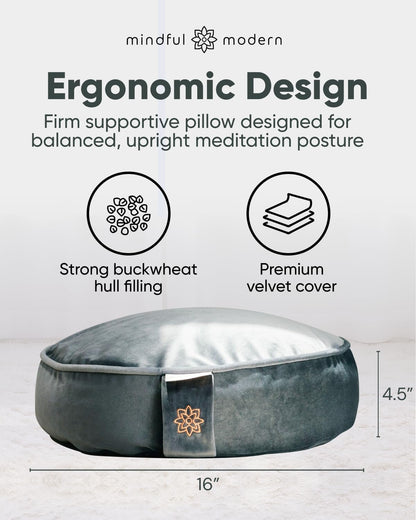 Velvet Meditation Cushion | Luxe Zafu Yoga Floor Pillow Seat | Posture Support | Buckwheat Hull Filled | Large Round Cushion with Removable Washable Cover + Carry Handle