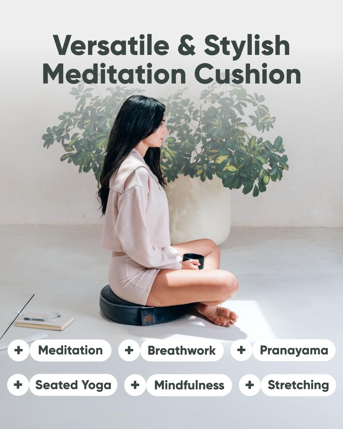 Velvet Meditation Cushion | Luxe Zafu Yoga Floor Pillow Seat | Posture Support | Buckwheat Hull Filled | Large Round Cushion with Removable Washable Cover + Carry Handle