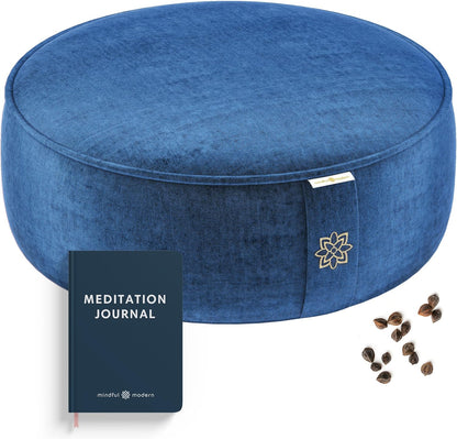 Velvet Meditation Cushion | Luxe Zafu Yoga Floor Pillow Seat | Posture Support | Buckwheat Hull Filled | Large Round Cushion with Removable Washable Cover + Carry Handle