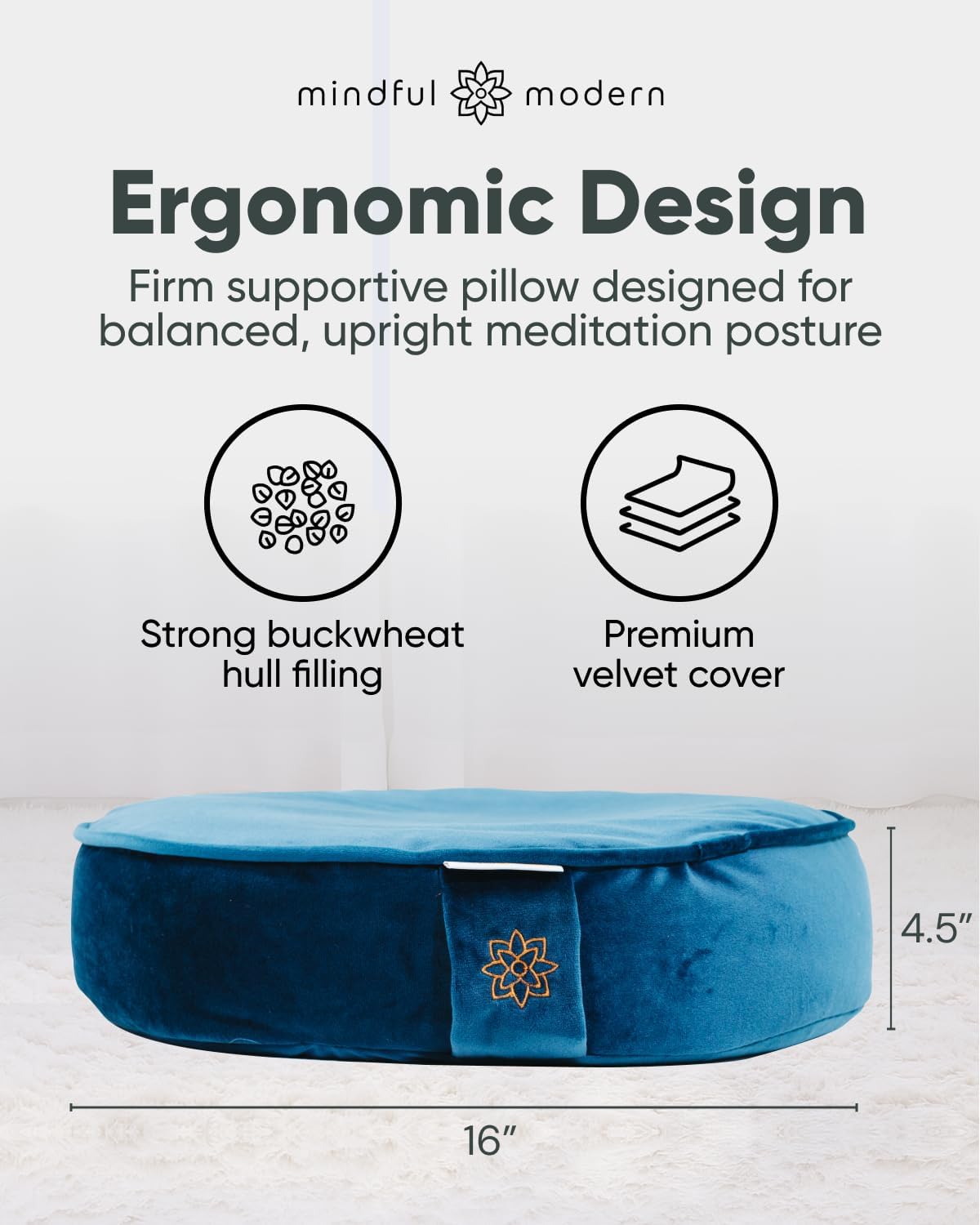 Velvet Meditation Cushion | Luxe Zafu Yoga Floor Pillow Seat | Posture Support | Buckwheat Hull Filled | Large Round Cushion with Removable Washable Cover + Carry Handle