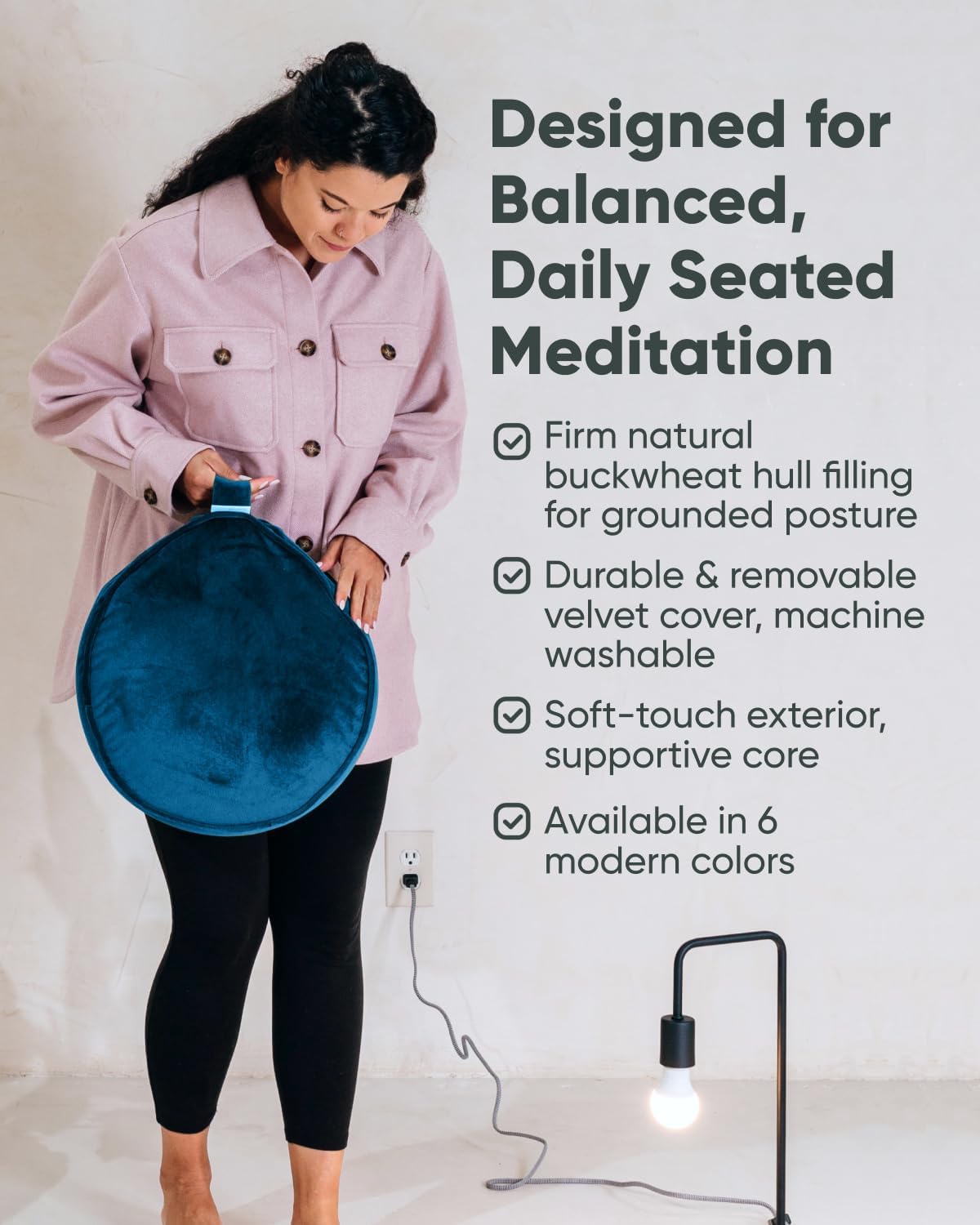 Velvet Meditation Cushion | Luxe Zafu Yoga Floor Pillow Seat | Posture Support | Buckwheat Hull Filled | Large Round Cushion with Removable Washable Cover + Carry Handle