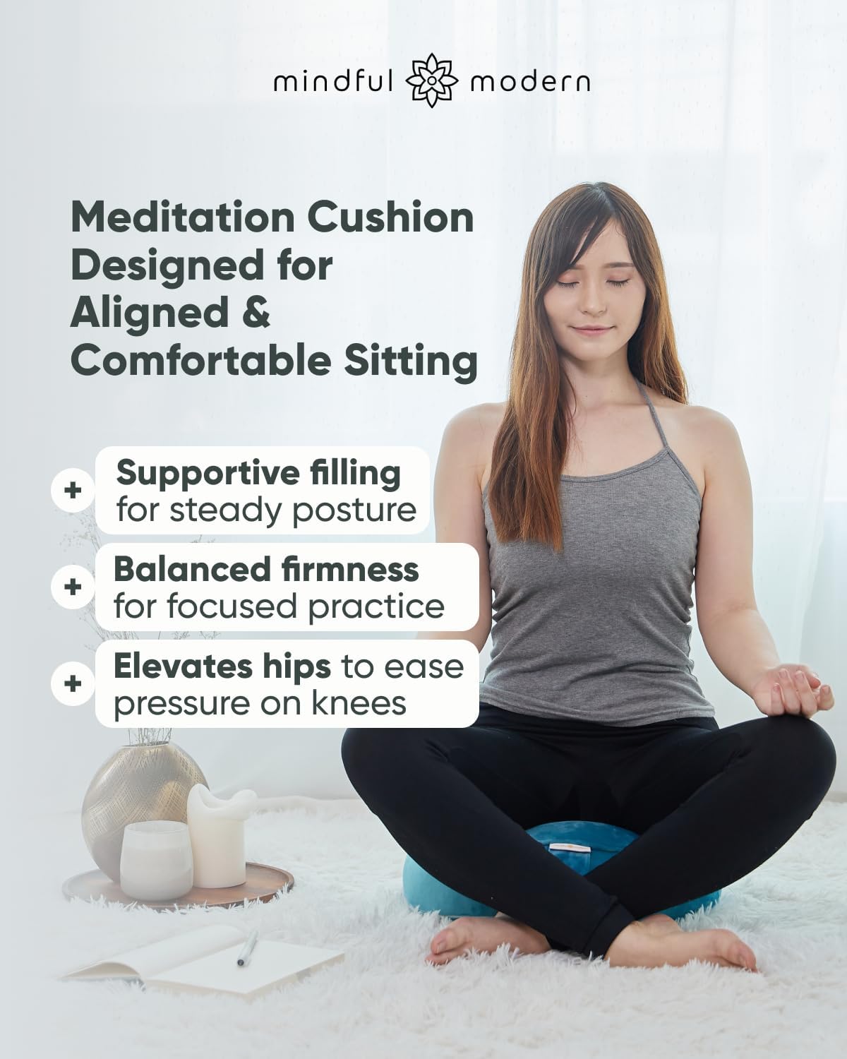 Velvet Meditation Cushion | Luxe Zafu Yoga Floor Pillow Seat | Posture Support | Buckwheat Hull Filled | Large Round Cushion with Removable Washable Cover + Carry Handle
