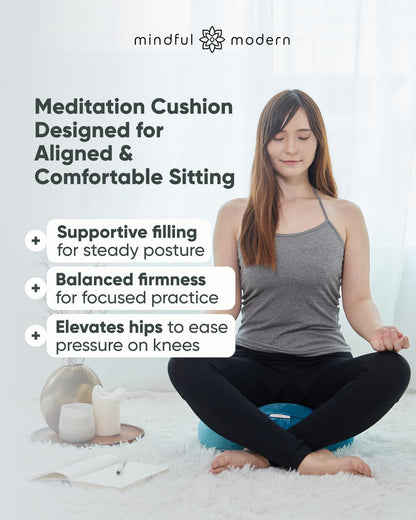 Velvet Meditation Cushion | Luxe Zafu Yoga Floor Pillow Seat | Posture Support | Buckwheat Hull Filled | Large Round Cushion with Removable Washable Cover + Carry Handle