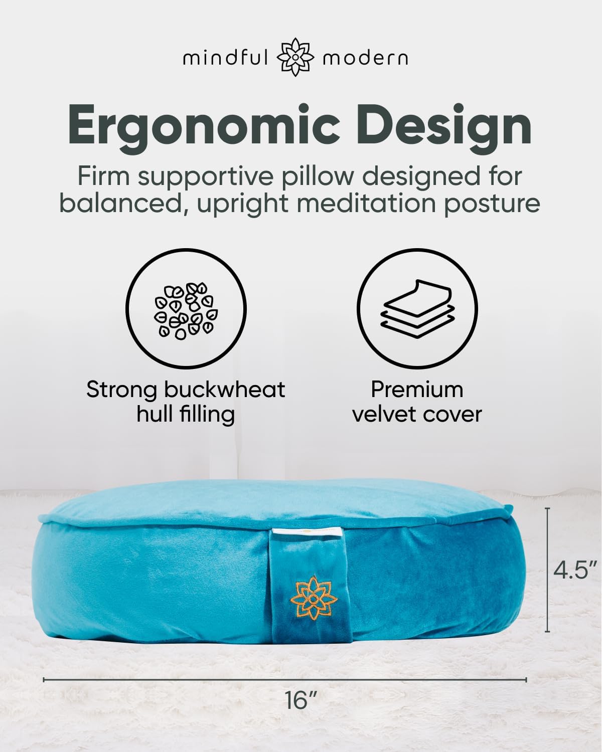 Velvet Meditation Cushion | Luxe Zafu Yoga Floor Pillow Seat | Posture Support | Buckwheat Hull Filled | Large Round Cushion with Removable Washable Cover + Carry Handle