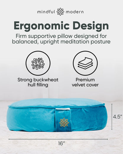 Velvet Meditation Cushion | Luxe Zafu Yoga Floor Pillow Seat | Posture Support | Buckwheat Hull Filled | Large Round Cushion with Removable Washable Cover + Carry Handle