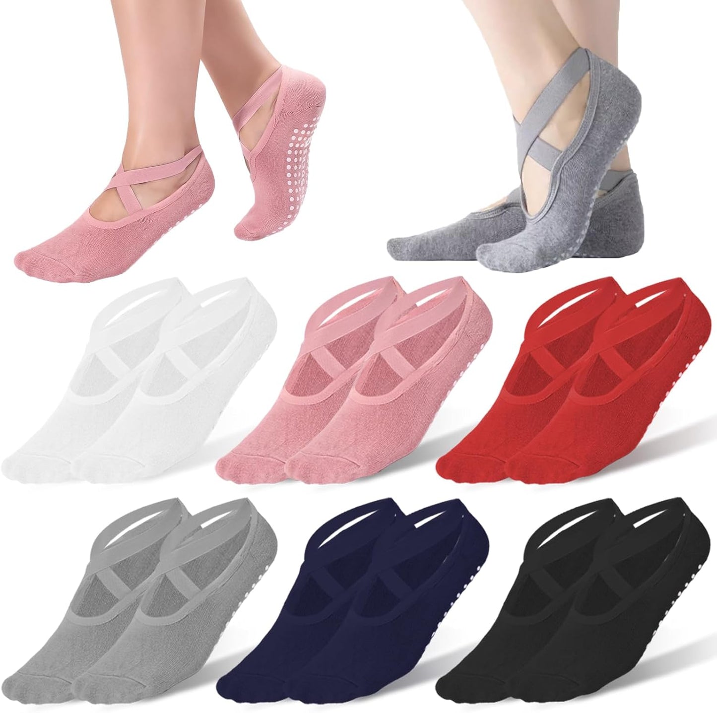 6 Pairs Non-Slip Yoga Socks for Women Pilates Grips Socks | Cross strap design offers breathable fit & flexible support. Grips for yoga, pilates, ballet, dance, studio workouts.