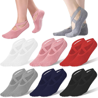 6 Pairs Non-Slip Yoga Socks for Women Pilates Grips Socks | Cross strap design offers breathable fit & flexible support. Grips for yoga, pilates, ballet, dance, studio workouts.