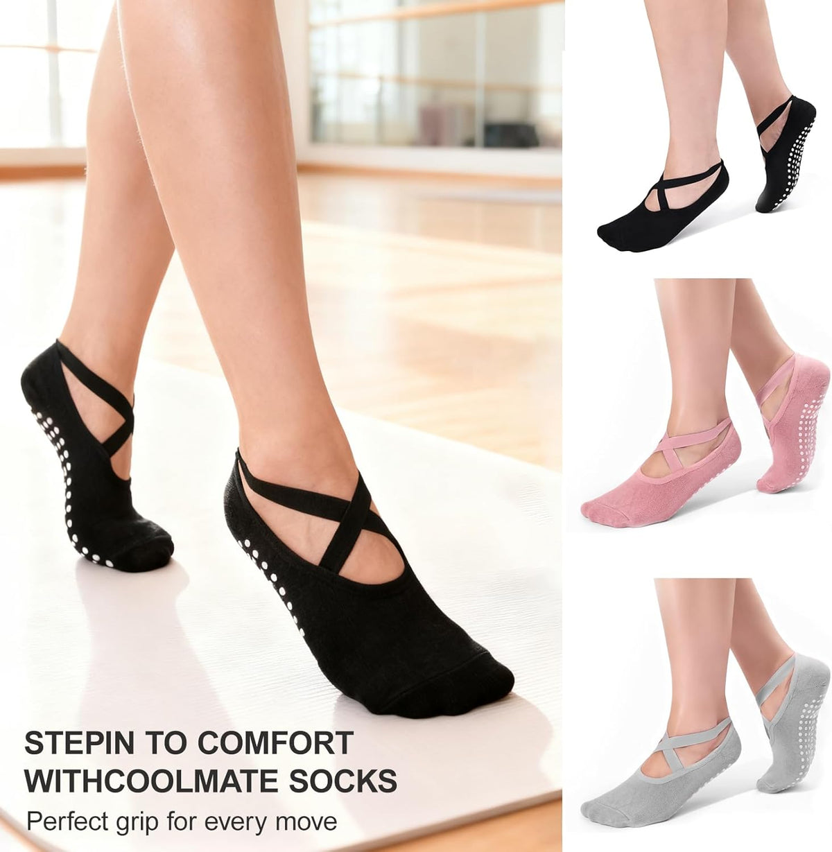 6 Pairs Non-Slip Yoga Socks for Women Pilates Grips Socks | Cross strap design offers breathable fit & flexible support. Grips for yoga, pilates, ballet, dance, studio workouts.