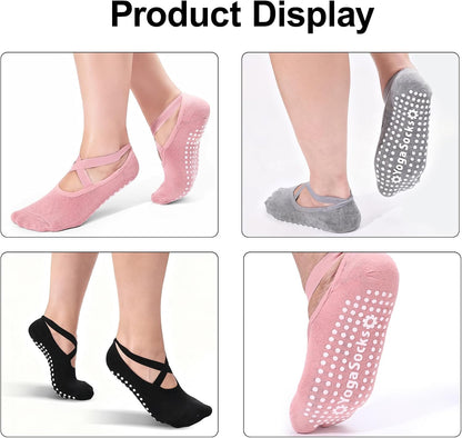 6 Pairs Non-Slip Yoga Socks for Women Pilates Grips Socks | Cross strap design offers breathable fit & flexible support. Grips for yoga, pilates, ballet, dance, studio workouts.