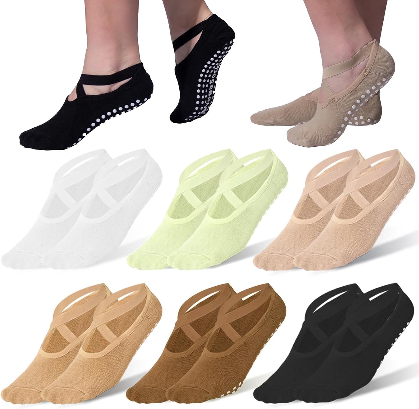 6 Pairs Non-Slip Yoga Socks for Women Pilates Grips Socks | Cross strap design offers breathable fit & flexible support. Grips for yoga, pilates, ballet, dance, studio workouts.
