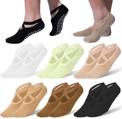 6 Pairs Non-Slip Yoga Socks for Women Pilates Grips Socks | Cross strap design offers breathable fit & flexible support. Grips for yoga, pilates, ballet, dance, studio workouts.