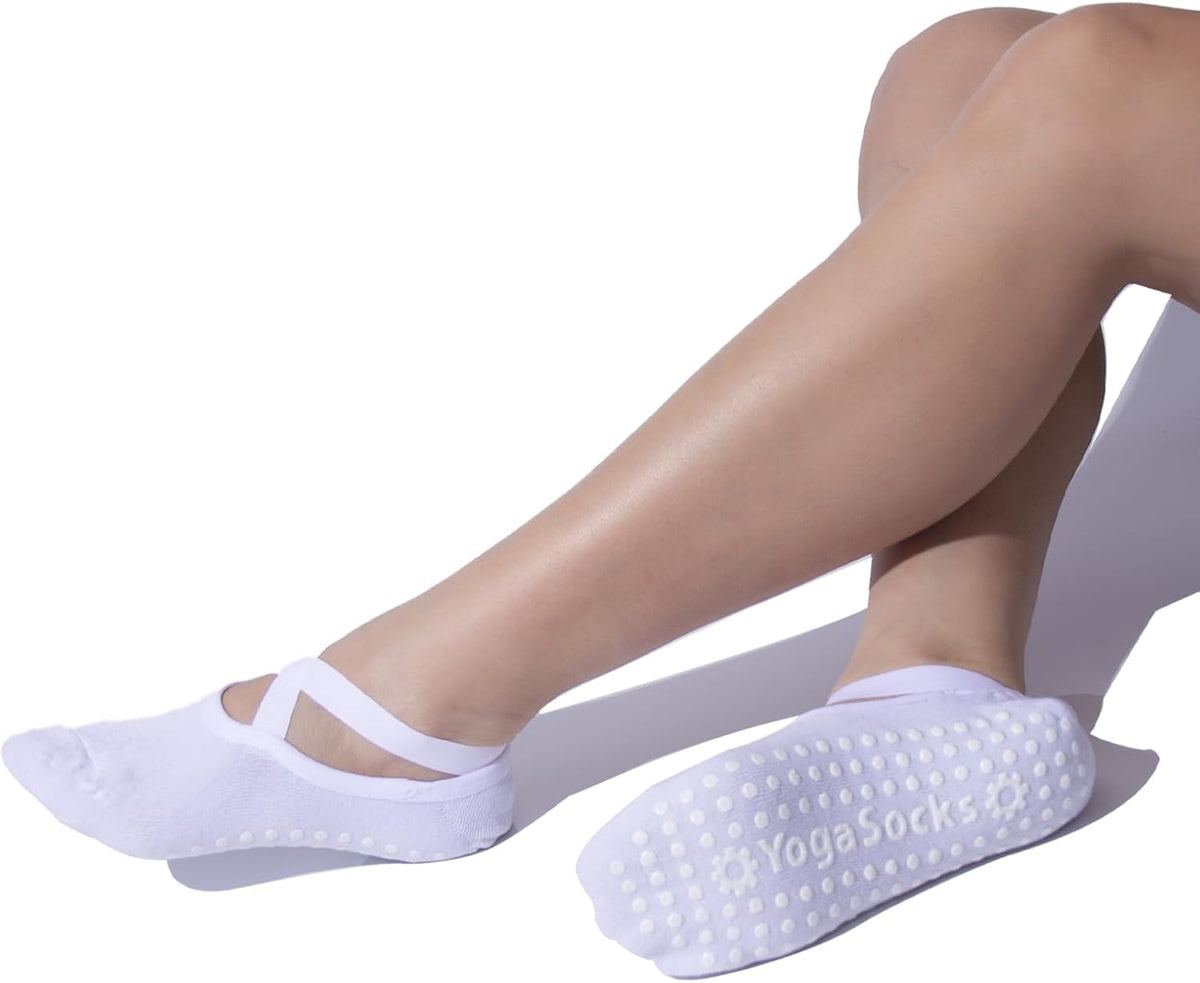 6 Pairs Non-Slip Yoga Socks for Women Pilates Grips Socks | Cross strap design offers breathable fit & flexible support. Grips for yoga, pilates, ballet, dance, studio workouts.