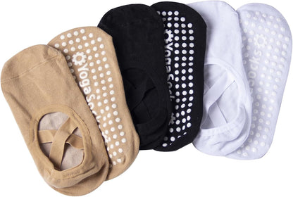 6 Pairs Non-Slip Yoga Socks for Women Pilates Grips Socks | Cross strap design offers breathable fit & flexible support. Grips for yoga, pilates, ballet, dance, studio workouts.