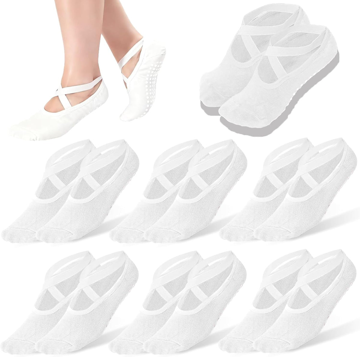 6 Pairs Non-Slip Yoga Socks for Women Pilates Grips Socks | Cross strap design offers breathable fit & flexible support. Grips for yoga, pilates, ballet, dance, studio workouts.