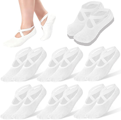 6 Pairs Non-Slip Yoga Socks for Women Pilates Grips Socks | Cross strap design offers breathable fit & flexible support. Grips for yoga, pilates, ballet, dance, studio workouts.